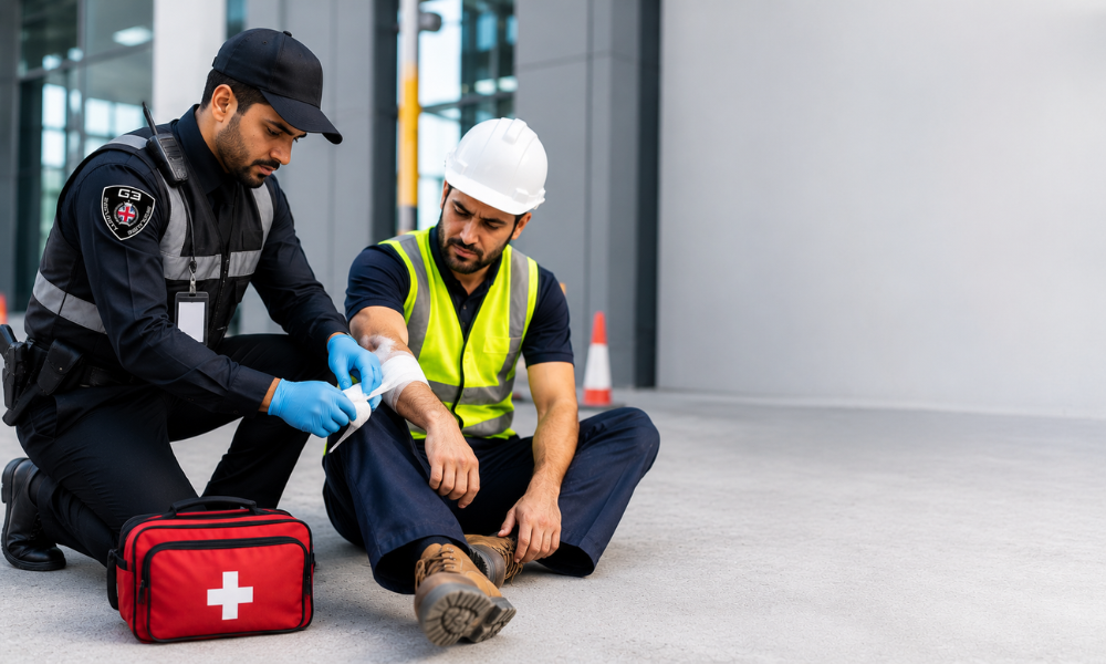 Security guard giving first aid